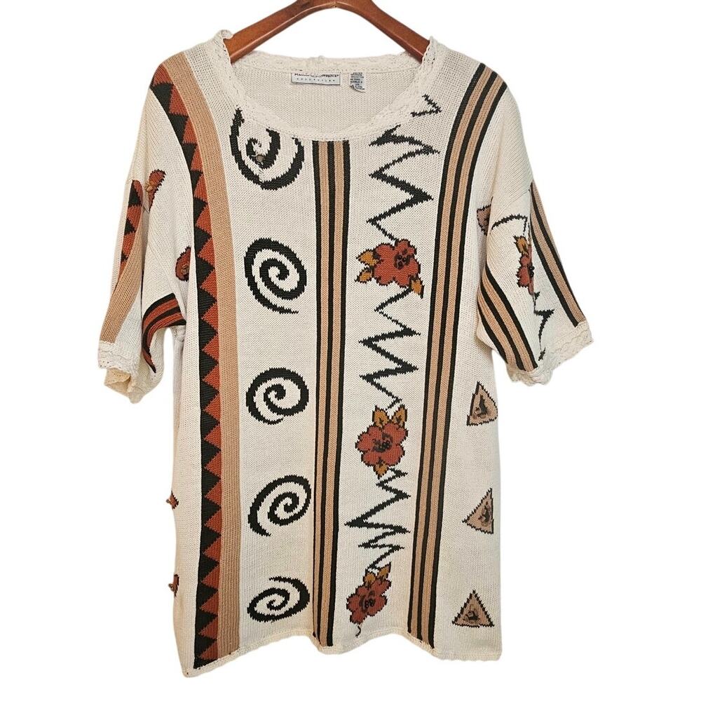 Maggie Lawrence Vintage Ivory White Short SleeveCardigan Sweater w/ Beading